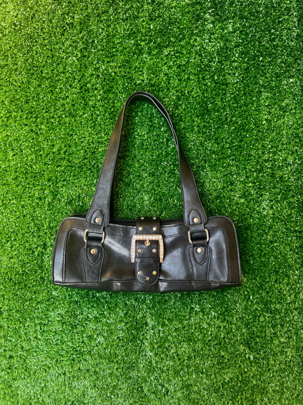 Vintage Black Leather Shoulder Bag with Buckle